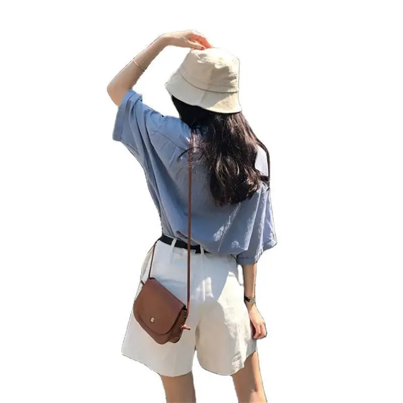 

WANYUCL 2021 new French retro solid color shirt shorts European and American professional two-piece female summer