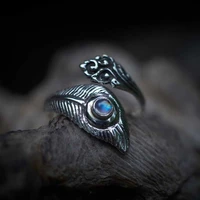 fashion retro opening adjustable tribe feather ring for man personality moonstone mens hip hop ring jewelry accessories