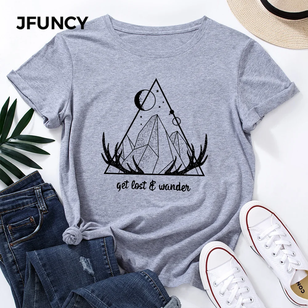 JFUNCY  5XL Women T Shirts Summer Short Sleeve Cotton T-Shirt Print Female Tops Oversize Woman Casual Tshirt