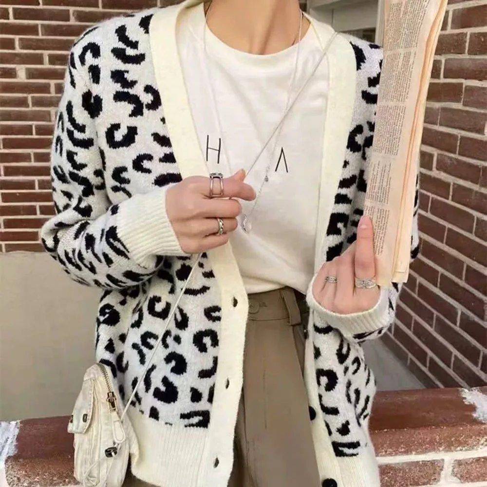 

Женский кардиган с леопардовым принтом, повседневный однобортный Тонкий свитер с длинными рукавами и V-образным вырезом, осень