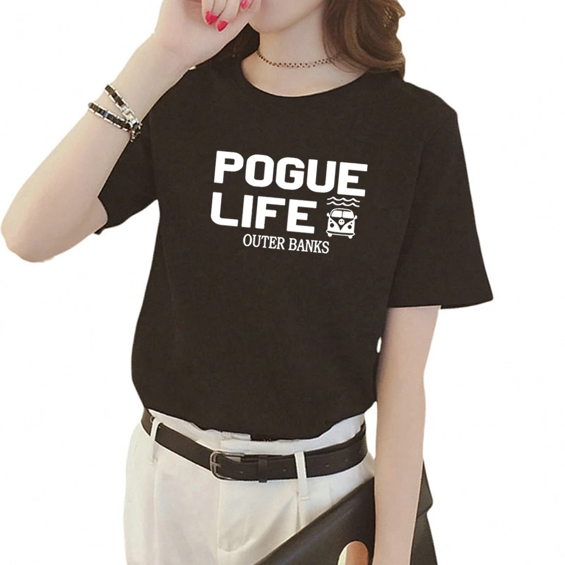 

Забавная футболка Pogue Life, Женская свободная черная футболка с длинным рукавом, белая футболка, женская футболка