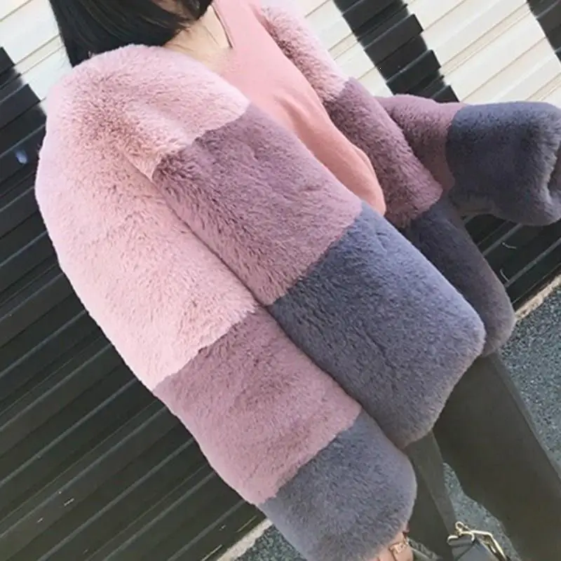 Новые зимние женские короткие куртки из искусственного меха, толстые теплые меховые полосатые теплые плюшевые пальто с круглым вырезом и длинным рукавом, меховые пальто