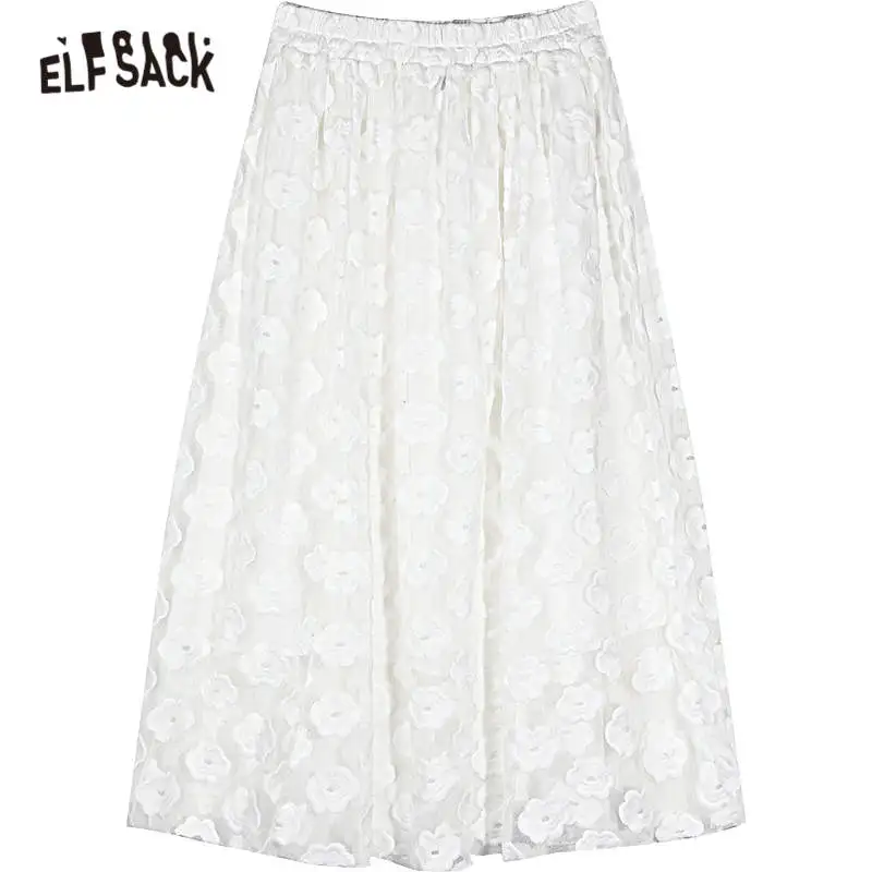 

ELFSACK White Embroidery Contrast Mesh High Waist Casual Women Midi Skirt 2020 Summer ELF Vintage Korean Ladies Daily Bottom