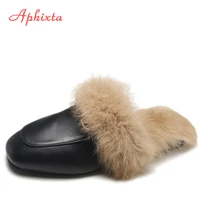 aphixta big size 44 real fur slippers shoes woman 2020 mules womens tassel slides winter warm women shoes fashion bee slippers