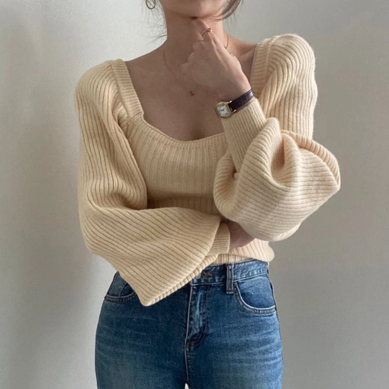 

Women Long Lantern Sleeve Sweater Turtleneck Knit Solid Color Loose Jumper Top BX0B