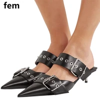 mules femme woman slippers rock style fashion buckle metal decoration shoes for women sandals thin heel cover toe slides low hee