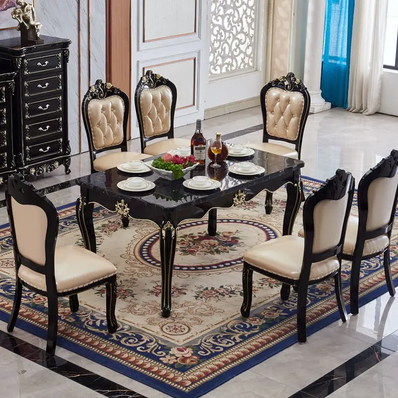 

European style solid wood dining table American style simple long room dining table chair combination marble luxury villa home