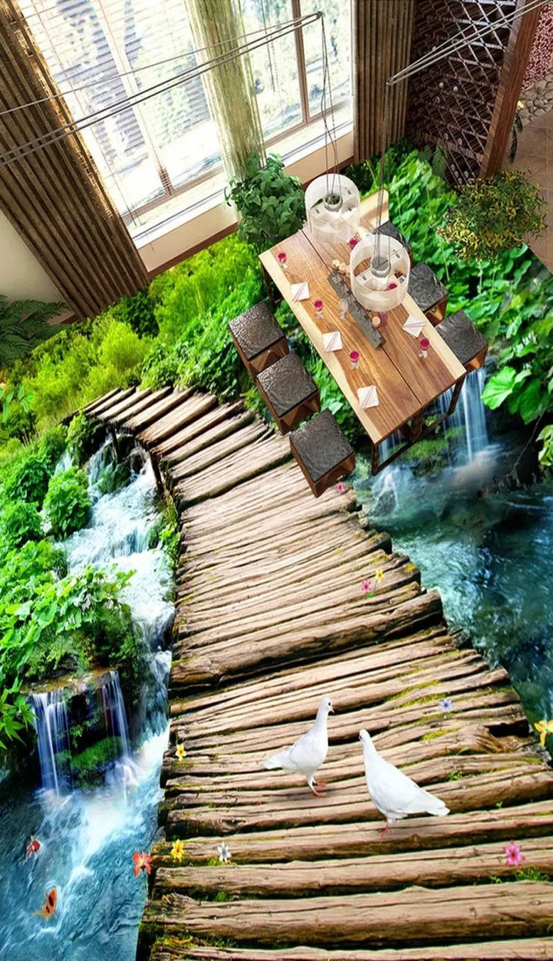 Настенные виниловые обои 3D с изображением деревянного моста большие