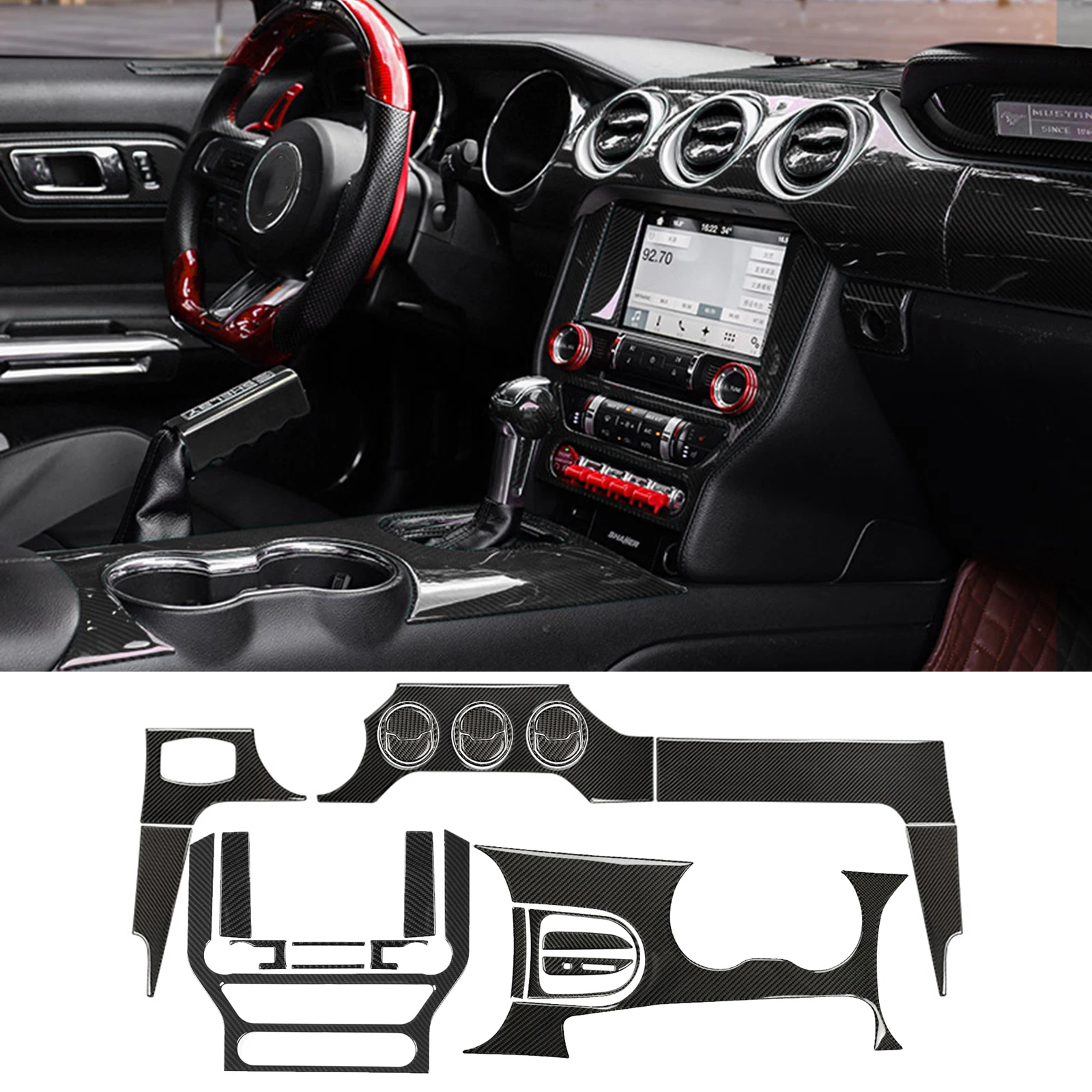 Center Console Decoration Cover Trim Kits for Ford Mustang 2015 2016 2017 2018 2019 2020 2021 Car Accessories Soft Carbon Fiber