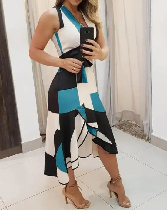 

Women Summer V-neck Colorblock Print Knotted Irregular Dress