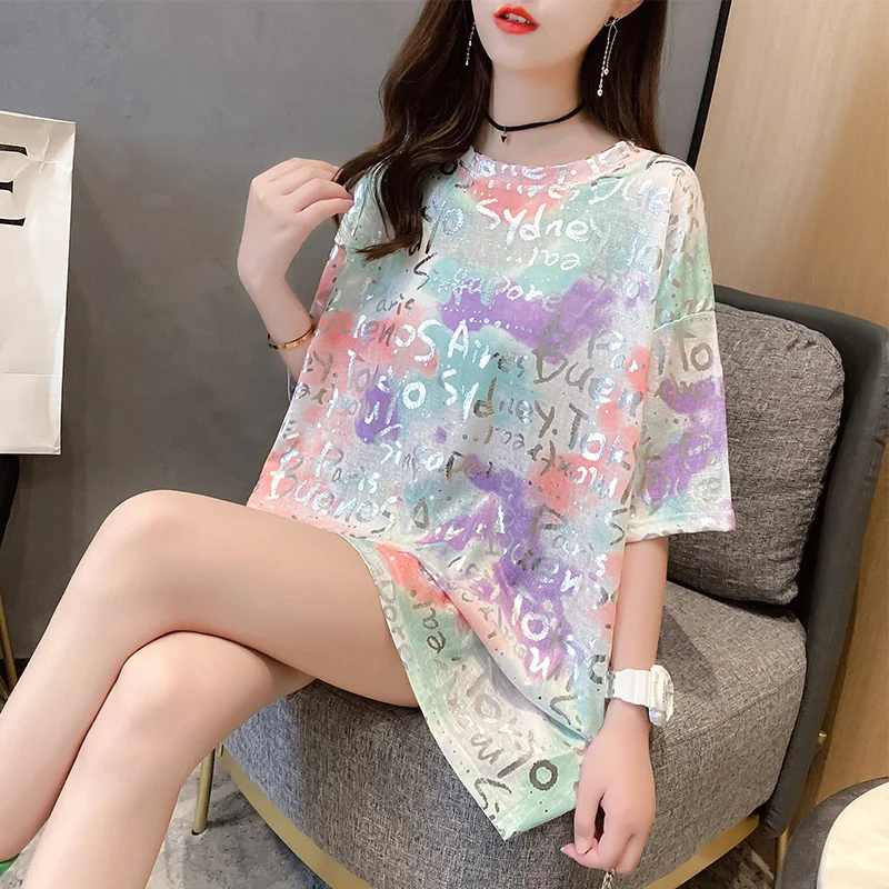 Футболка большого размера с сияющими буквами топы футболки 2021 летняя Женская