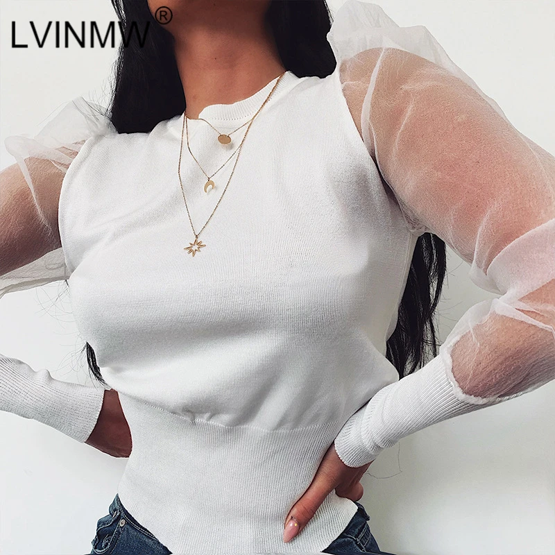 Женская трикотажная футболка LVINMW черная облегающая с длинным рукавом и буфами в