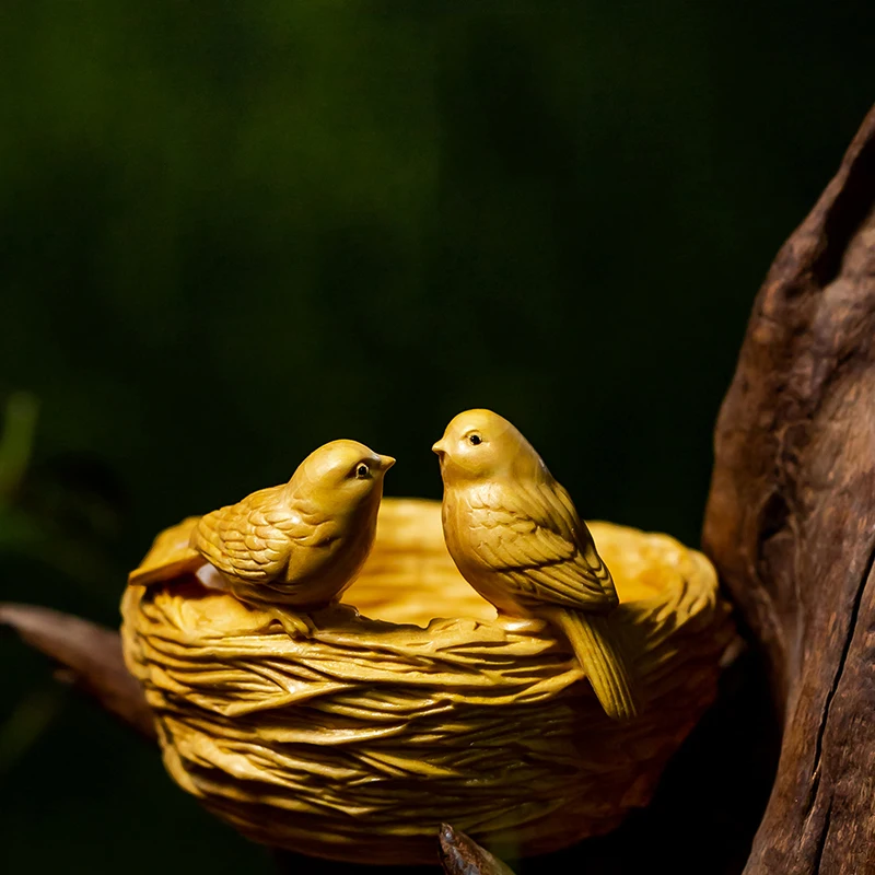 8 см Птичье гнездо с двумя птицами ручной работы резная деревянная статуя