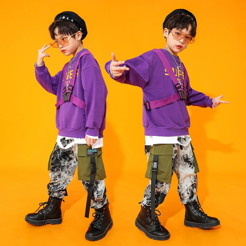 

Boy Hip Hop Camouflage Joggers Kids Purple Sweatshirt Cargo Pants Jazz Outfit Child Street Dance Clothes Sets Costume Streetwear