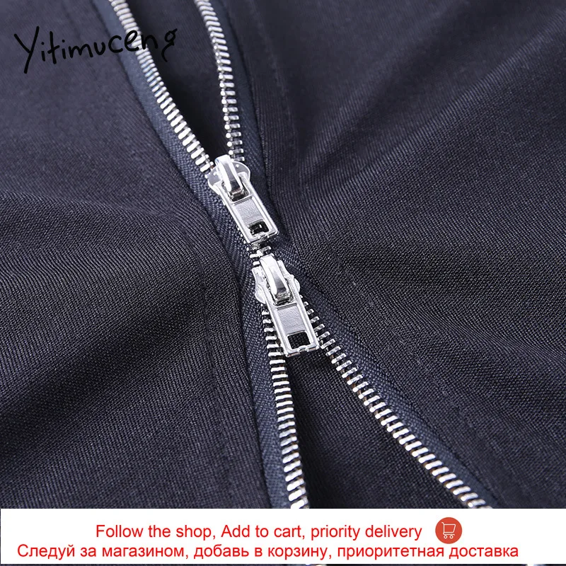 

Yitimuceng Woman Tshirts Zipper Cardigan Black Turn-down Collar Spring Autumn 2021 Long Sleeve Sexy Crop Tops New