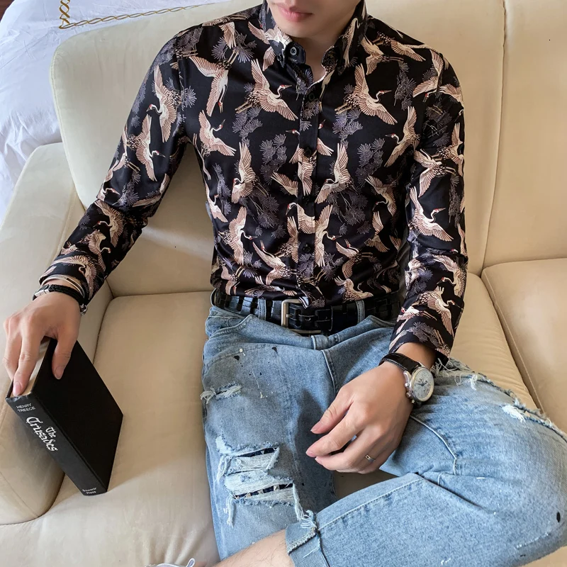 

Autumn Shirt Long Men Gold Printed Shirt Men Chemise Homme Manche Longue Men Streetwear Casual Shirts Outfit Camisas Para Hombre
