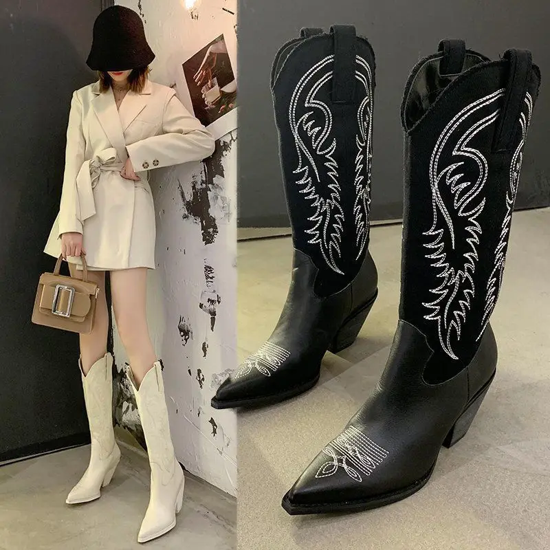 

2021 INS Winter Women Beige High Heels Wedges Long Boots Vintage Embroidered Knee Thigh High Boots Designer Riding Cowboy Boots