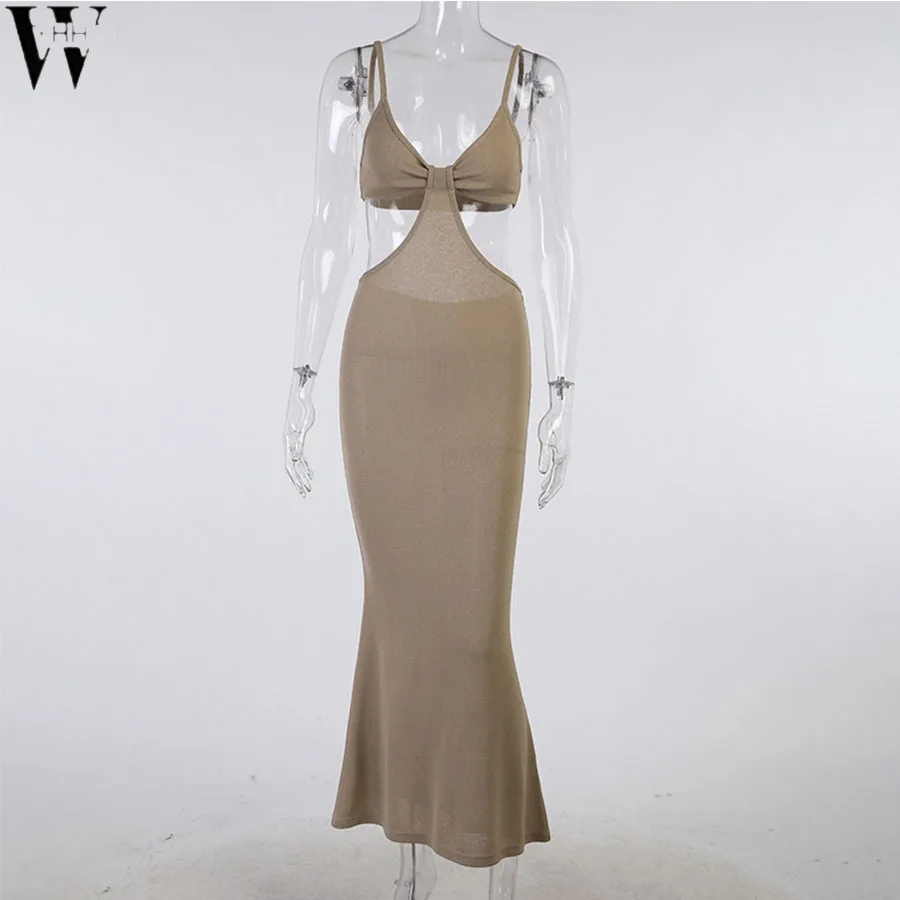 

WYHHCJ 2021 Summer Spaghetti Strap Sexy Backless Maxi Dresses See Through Women Dresses Party Club Elegant Hollow Dress Sundress