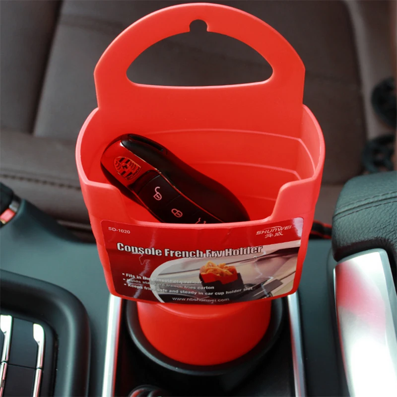

HLEST Newest Car Fries Holder Drink Food Cup Holder Food Grade Materials Storage Box Bucket Travel Eat in the car Red and Black