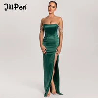 jillperi satin diamante off shoulder strapless maxi dress solid slit floor length full lined sexy corset evening dress gown