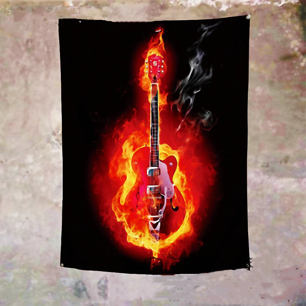

Burning Guitar Musical Instruments Banners Wall Art Rock Music Poster Flags Canvas Painting Wall Hanging Bar Cafe Home Decor A1