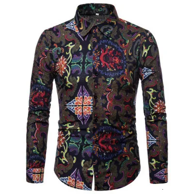 Camisa Masculina, европейская Осенняя мужская рубашка для отдыха с цветочным принтом, кардиган, топ, рубашки на пуговицах, топы, блузки, африканская одежда - Цвет: Army green Shirts