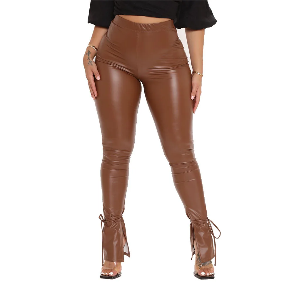 

Echoine Sexy Bodycon Hight Waist PU Leather Pants Elastic Trousers Flare Pants Buttom Lace Up Street Fitness Legging Pants