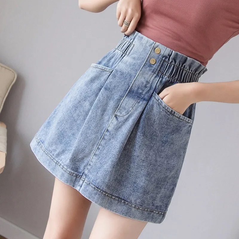 High Waist Summer Fashion Sweet Womens Denim Short Skirts Casual Streetwear Elastic Pockets Female A-Line Big Size | Женская одежда