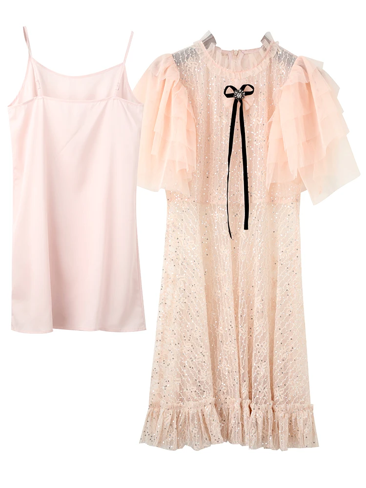 

Sequined Dress 2020 Summer Princess Party Ladies Ruffle Mesh Patchwork Diamond Beading Deco Puff Sleeve Blue Apricot Dress Club