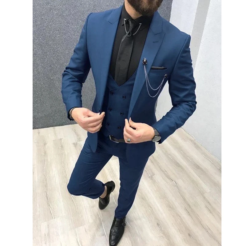 

Модные и ретро костюмы из трех предметов Темно-синие мужские костюмы с лацканами индивидуальный пошив Свадебные смокинги приталенные мужс...