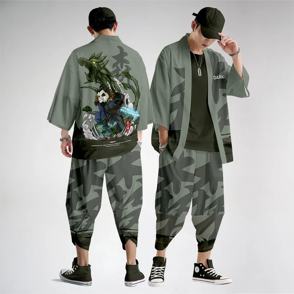Chinese Style Print Men Kimono Cardigan Set Plus Size Male Yukata Samurai Clothing Casual Loose Streetwear Jacket Pant Suit 6XL