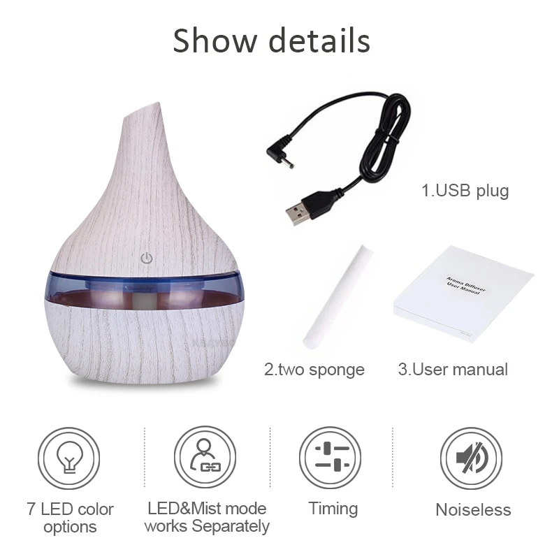 

KBAYBO 300ml USB air humidifier essential oil diffuser with essential lavender lemongrass Rosemary oils aroma strong mist maker