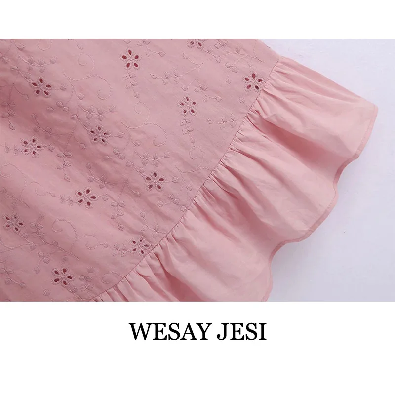 

WESAY JESI Summer Dress 2021 Embroidered Patchwork Pink Mini Skirt Half Sleeve Chic Loose Fashion Ruffle Women Clothing Casual