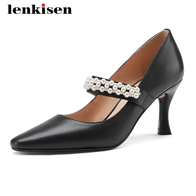 

Lenkisen gladiator full grain leather beading pearl decorations square toe thin high heel slip on dating fashion women pumps L27