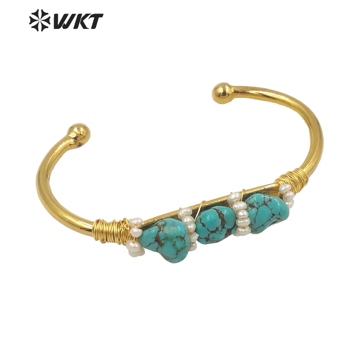 

WT-B574 Unique Precious Handmade natural green Turquoises wire wrapped stone bangle with pearl charm with real gold plated