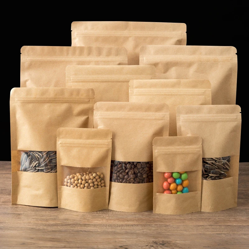 

50Pcs Kraft Paper Bag With Clear Window Zip Lock Storage Food Coffee Beans Snack Tea Candy Packaging Favors Sealing Stand Up Bag