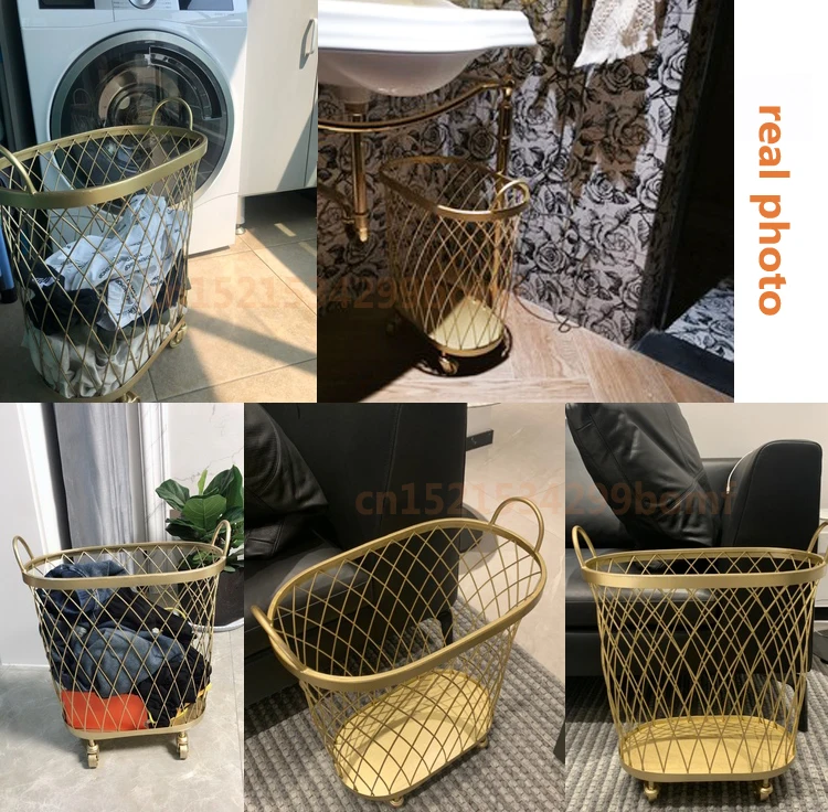 

MODERN GOLDEN FASHION METAL GOLD COLOR DIRTY CLOTHES STORAGE HANDLE WHEEL LAUNDRY BASKET HOME CREATIVE ORGANIZER WITH WHEEL