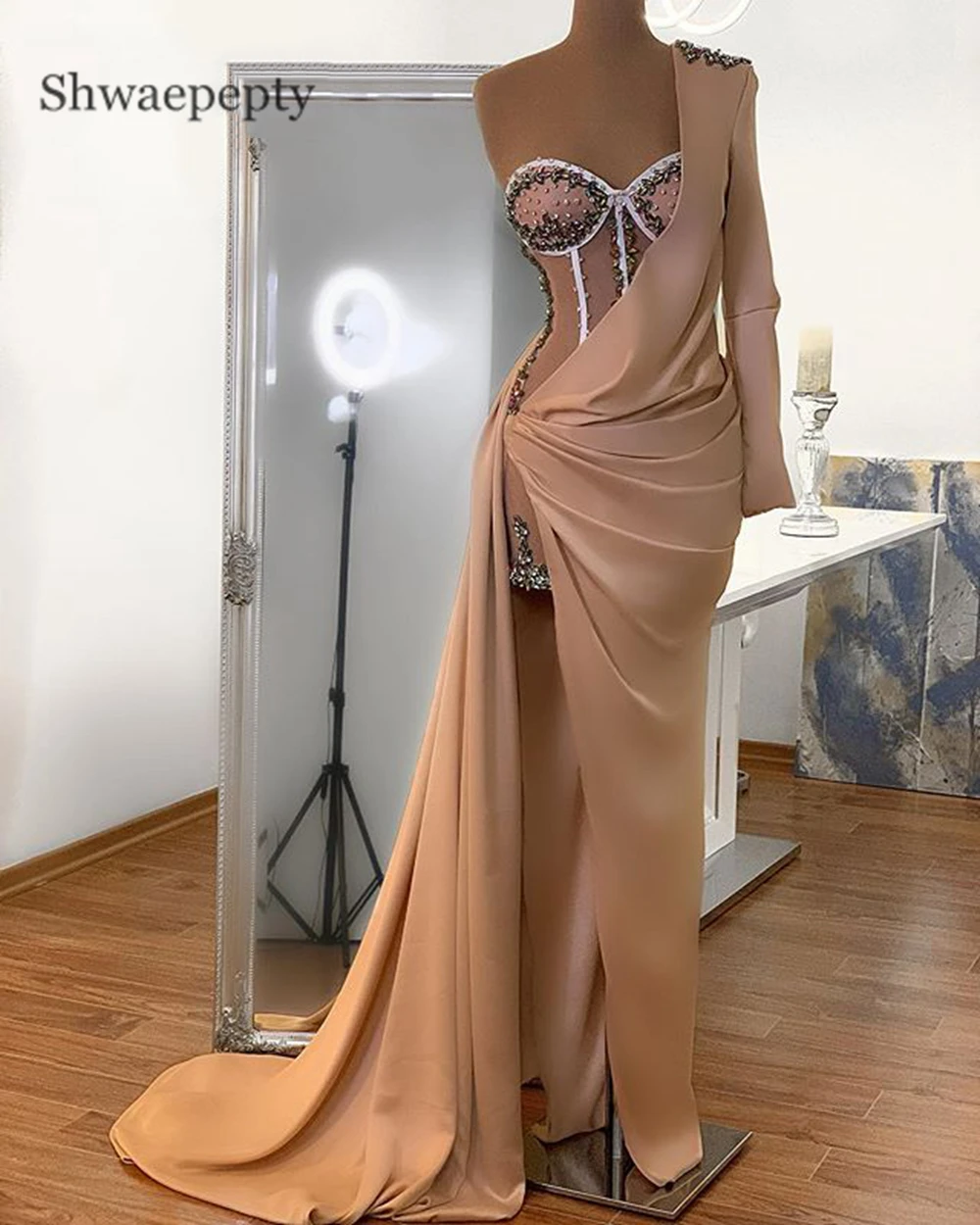 

Shwaepepty Champagne One Shoulder Evening Dress Crystals Beaded Sexy Illusion Split Prom Party Gowns For Women Pageant Dresses