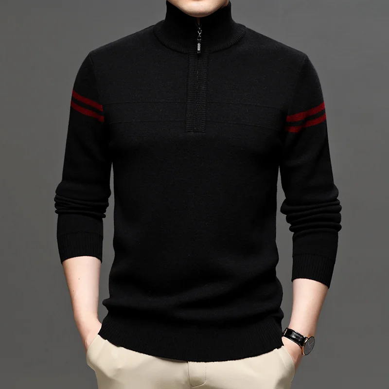 Man Autumn & Winter Soft Pure 100% Wool Turtleneck Zipper Sweater Casual Male Strpied Cashmere Jumper Knitwear Sweater