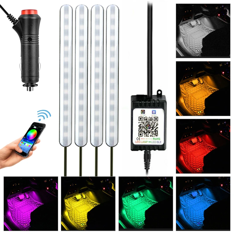 

4pcs RGB 5050 Car Interior Atmosphere Ambient Light Foot Neon Lamp Phone APP Control RGB LED Strip Styling Decorative Light