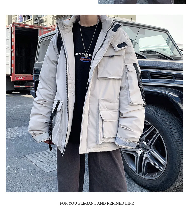 Winter Short Coat Men Warm Thick Parka Men Fashion Reflective Strip Hooded Coat Man Streetwear Loose Tooling Jacket Male Clothes
