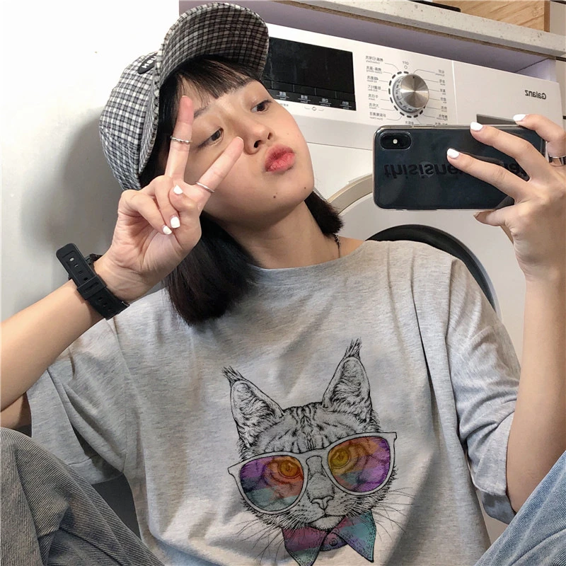 Новинка пуловер с принтом милого кота свободная футболка для молодых девушек