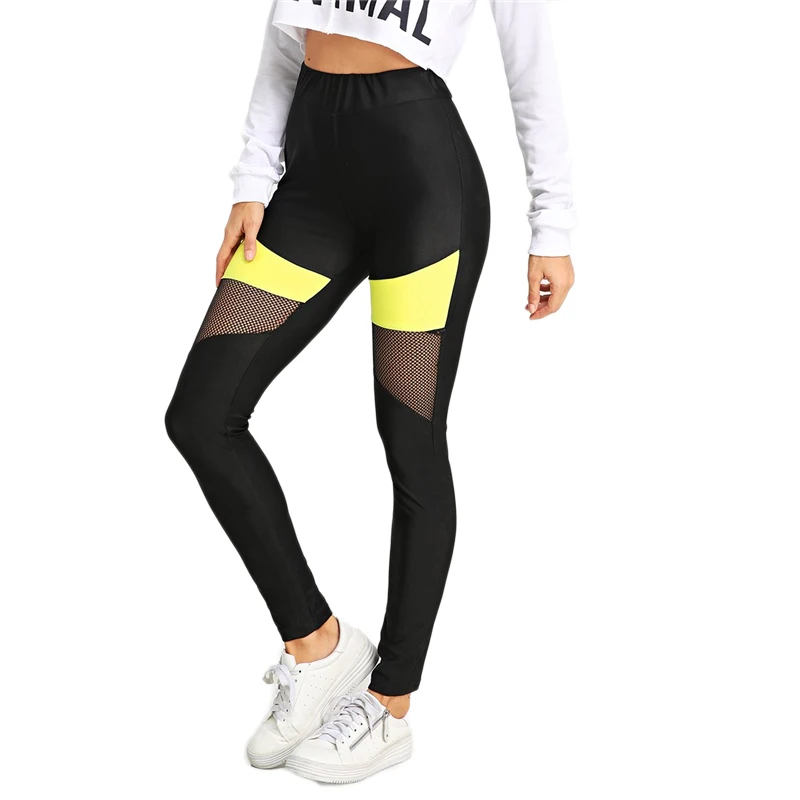 SweatyRocks цветные леггинсы с сетчатыми вставками, леггинсы для активного отдыха, женские обтягивающие леггинсы для фитнеса, Осенние повседневные легинсы для легкой атлетики