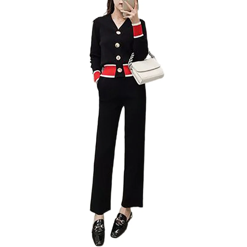 

New 2021 Korean version Fashion temperament Striped knitted Suit Single breasted V-neck Sweater jacket and Wide leg trousers