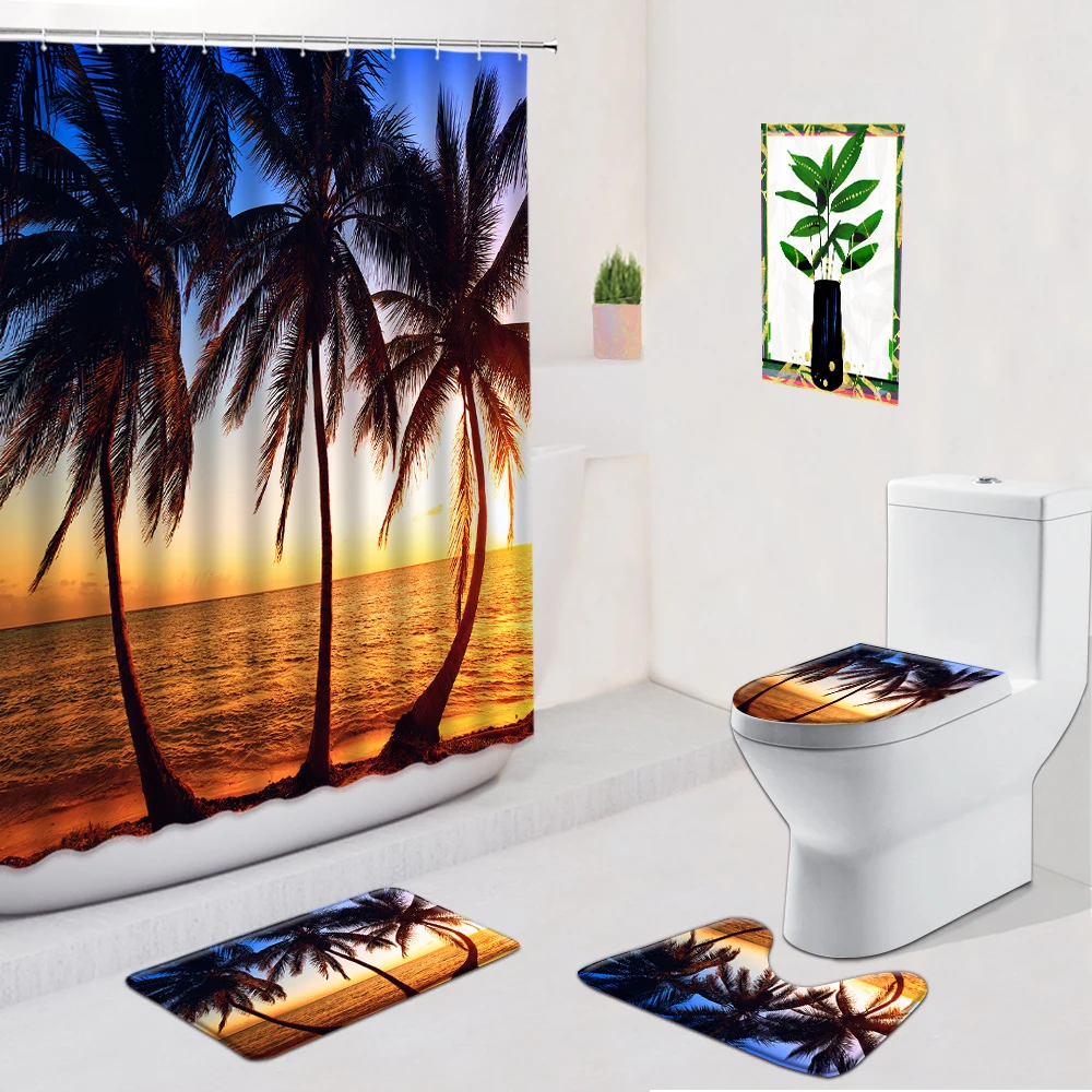 

Ocean Palm Tree Bathroom Set Shower Curtains Beach Tropical Scenery Non-slip Flannel Carpet Bath Mat Toilet Cover Pad Doormat