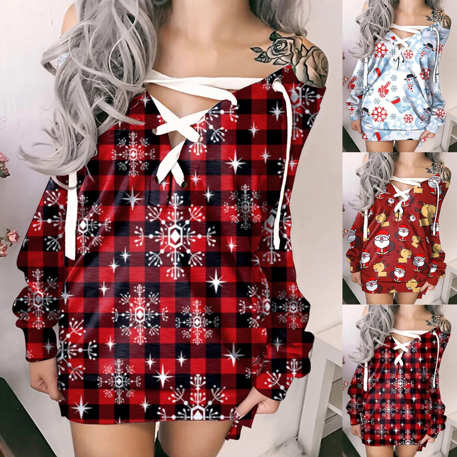 

Women's plaid print Christmas Dresses Fashion Casual Prints Off-Shoulder Strappy Long Sleeves Bandage Sweatshirt Dress
