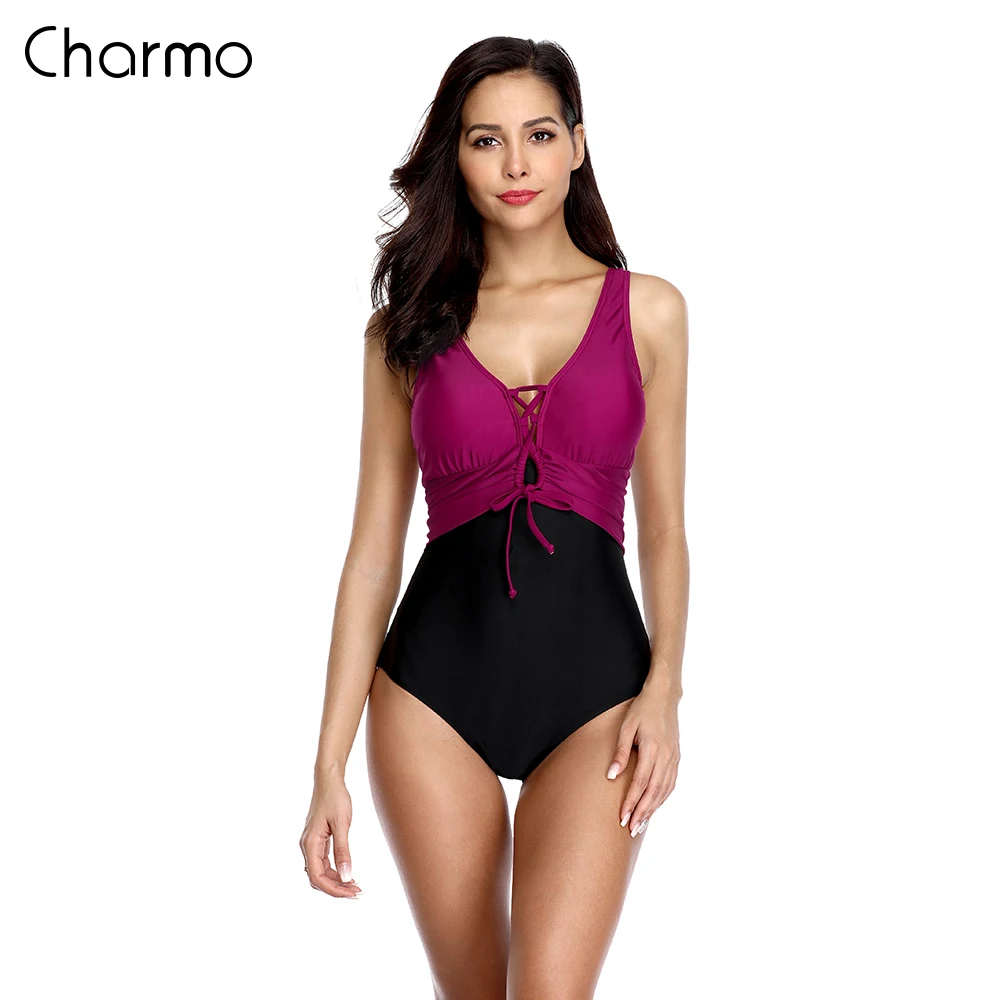 

Charmo Women One Piece Swimwear Colorblock Swimsuit From Cross Sexy Bikini Summer Beachwear Monokini Bathing Suit