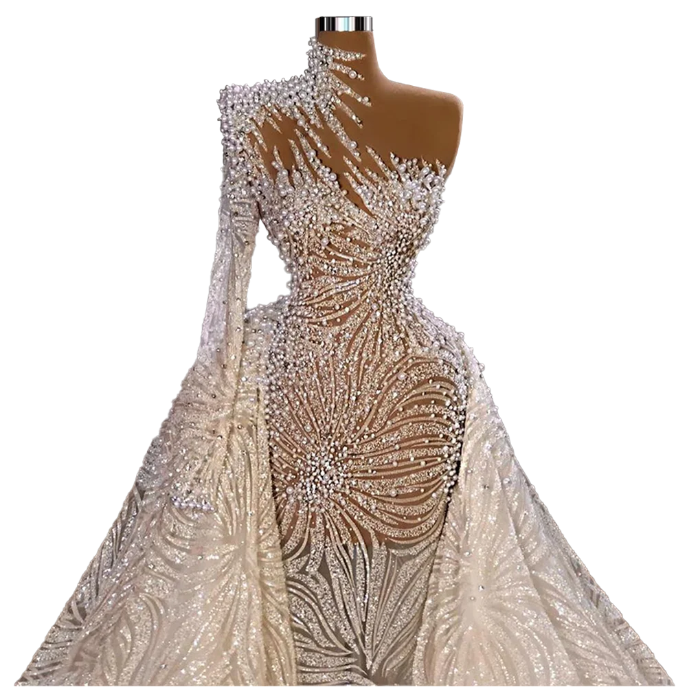 Glitter Sparkly Middle East Bridal Wedding Dress One Sleeve Saudi Arabia Pearls Glitter abendkleider 2021