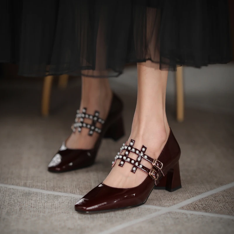 

Square Toe Pearl Women Mary Janes Pumps Casual Genuine Leather Thick Heels Spring Working Shoes Woman 2021 New Arrival