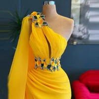 charming yellow one shoulder mermaid evening dresses sleeveless side split appliques women elegant prom pageant gown custom made